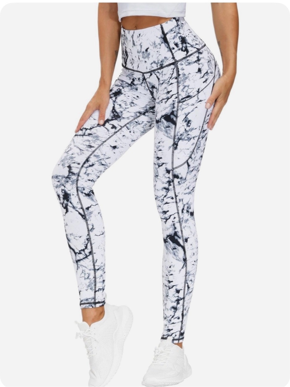 Marble-Print Black & White High-Waist Leggings